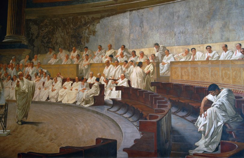 Canvas depicting a scene in the Roman Senate with Cicero and Catiline