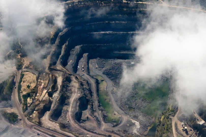 Aerial view of a open-pit mine=ing site in Cape Town, South Africa